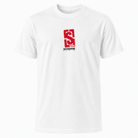 T-shirt blanc Shred Skateboarding, logo rouge SHRED imprimé au centre de la poitrine